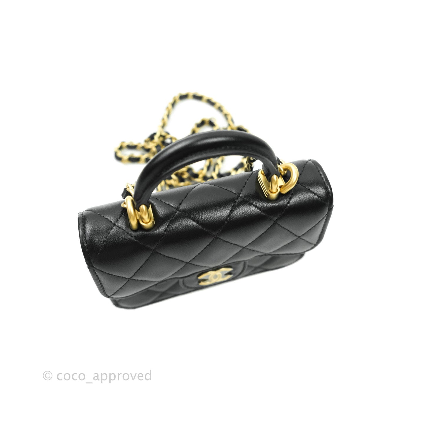 Chanel Mini Handle Flap Coin Purse With Chain Black Lambskin Gold Hardware