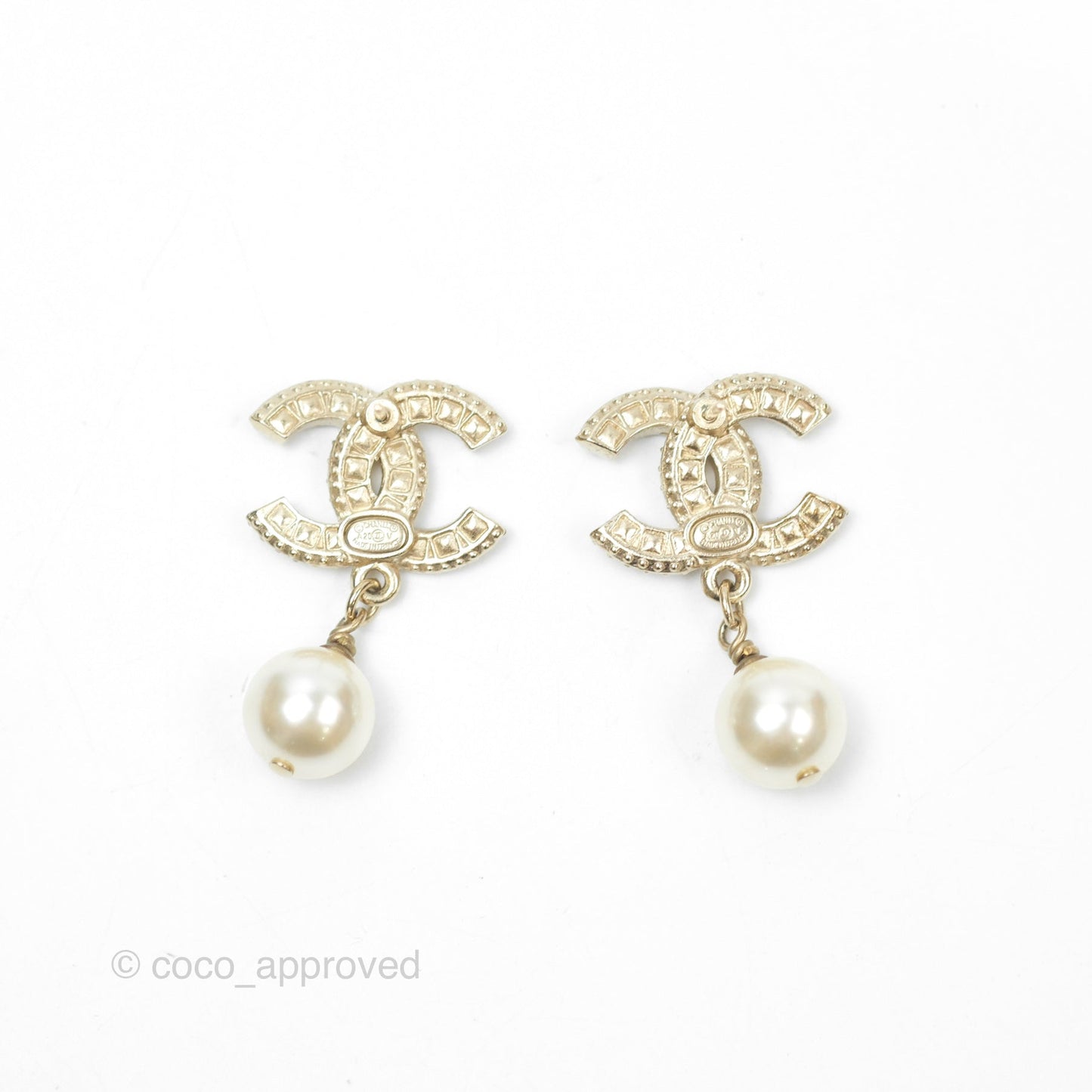 Chanel Crystal CC Pearl Drop Earrings Gold Tone 20V