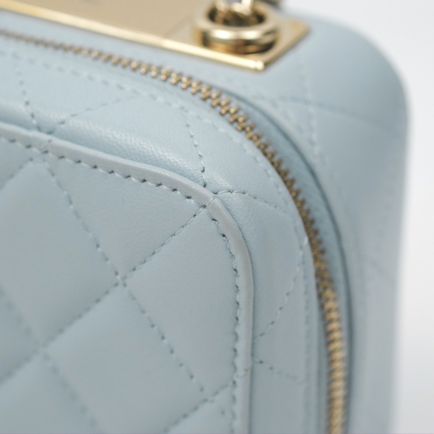 Chanel Mini Quilted Vanity Camera Case Light Blue Lambskin Gold Hardware