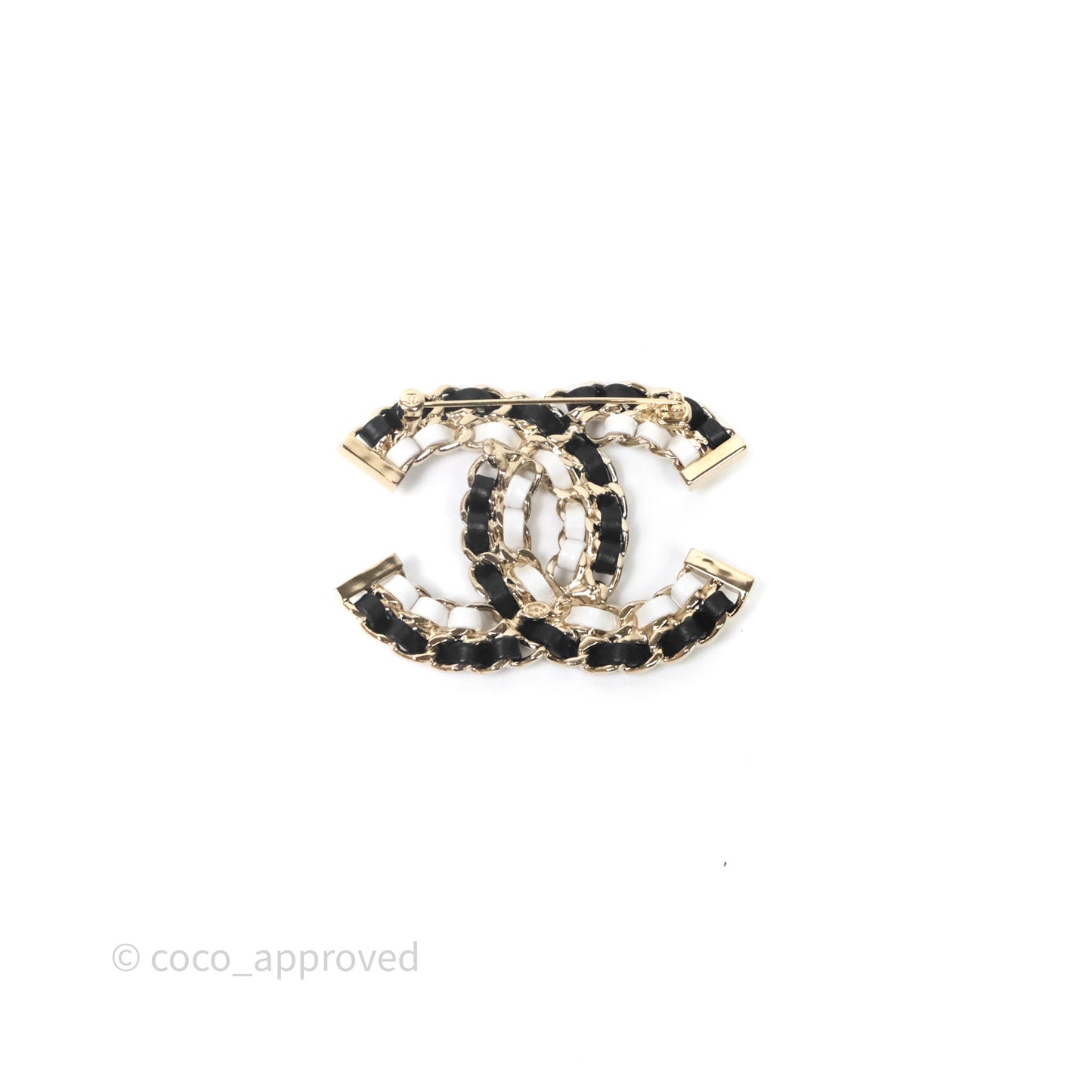 Chanel CC Braided Leather Black & White Brooch Gold Tone 22A