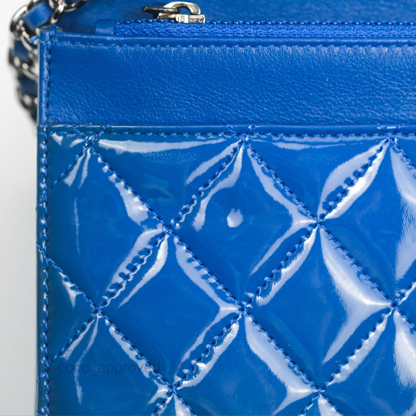 Chanel Quilted Classic Wallet on Chain WOC Blue Patent Silver Hardware