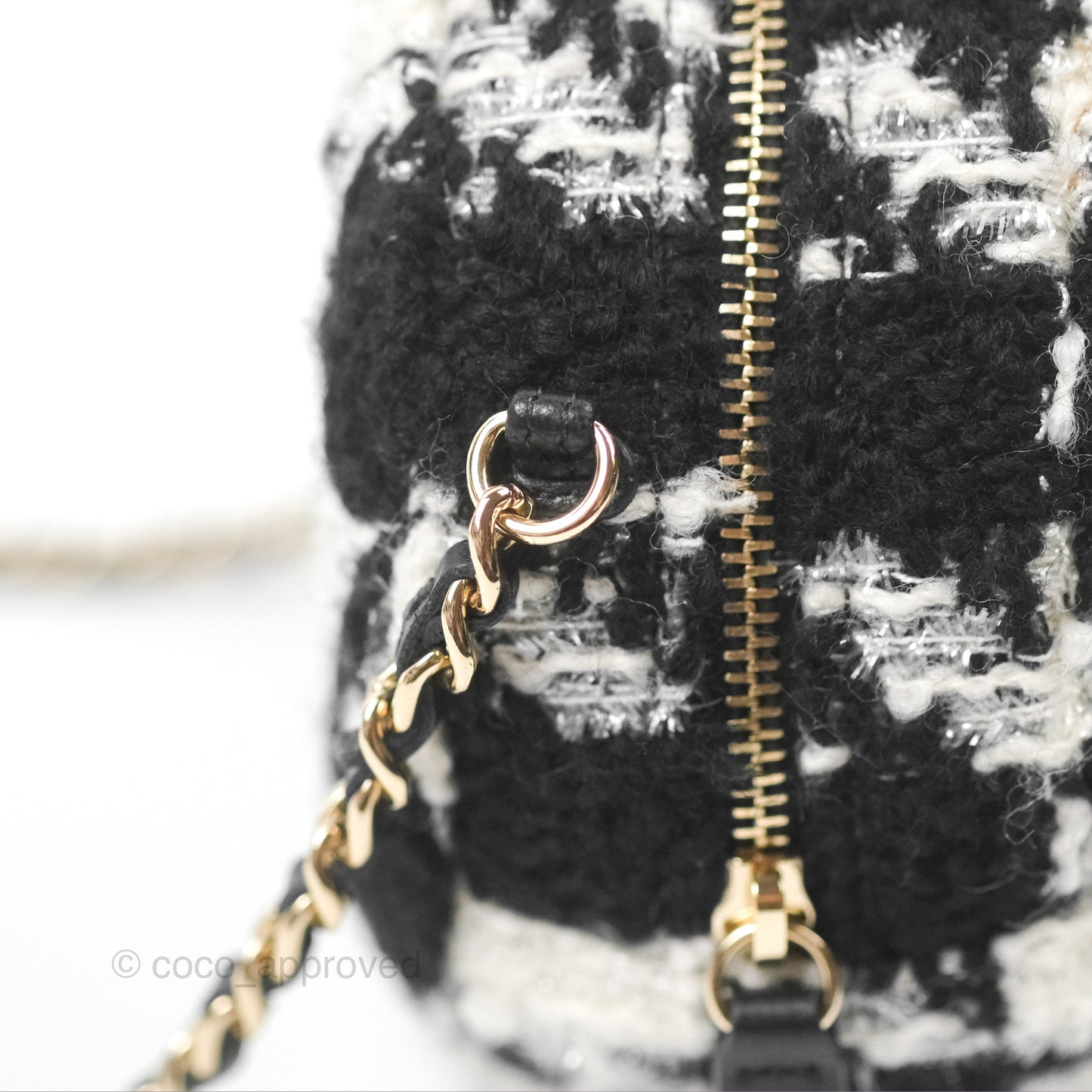 Chanel Shearling CC Round Clutch with Chain & Coin Purse Black & White Houndstooth Tweed