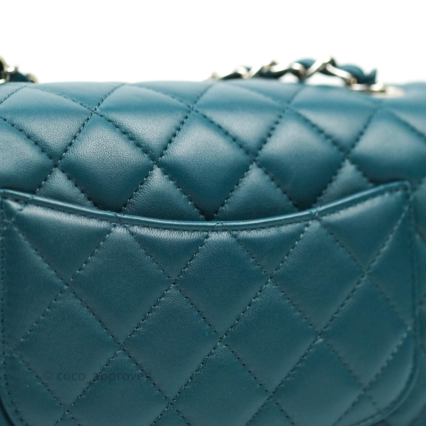 Chanel Quilted Mini Rectangular Lambskin Flap Bag Teal Silver Hardware