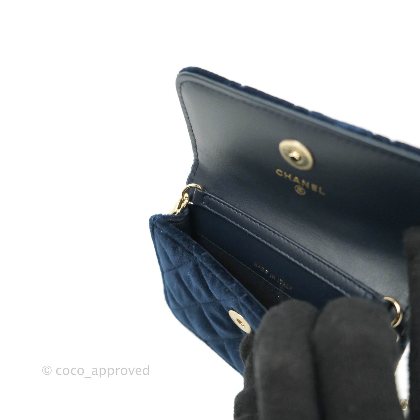 Chanel Crystal Pearl Crush Card Holder Navy Velvet Aged Gold Hardware