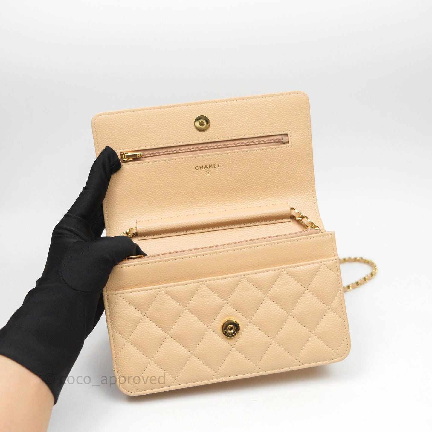 Chanel Quilted Classic Wallet on Chain WOC Beige Caviar Gold Hardware