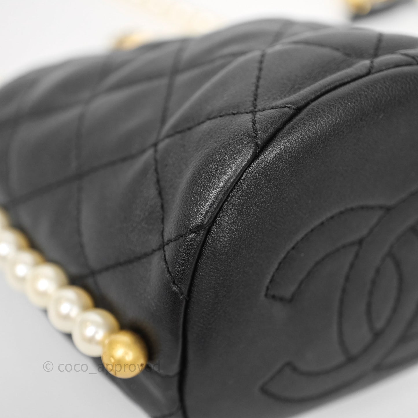 Chanel Quilted Pearl Mini About Pearls Drawstring Bucket Bag Black Calfskin