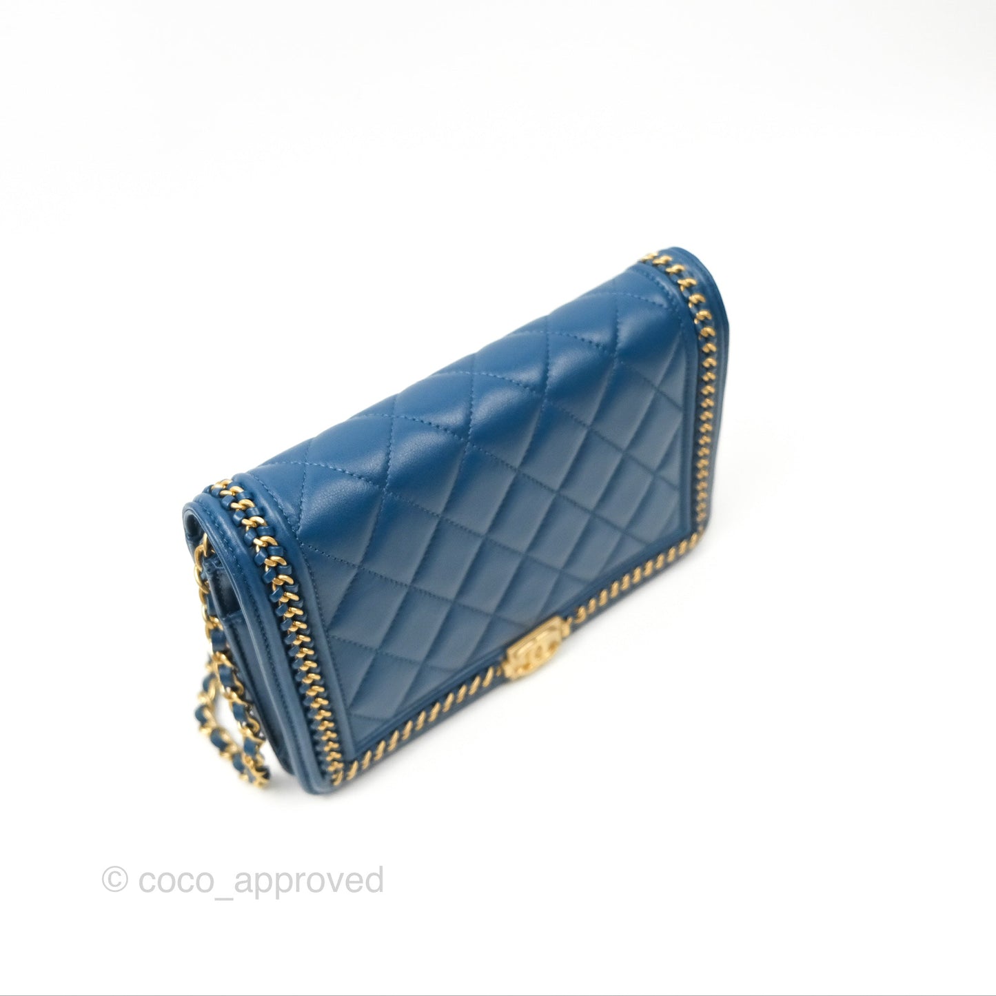 Chanel Quilted Boy Wallet on Chain WOC Blue Calfskin Aged Gold Hardware
