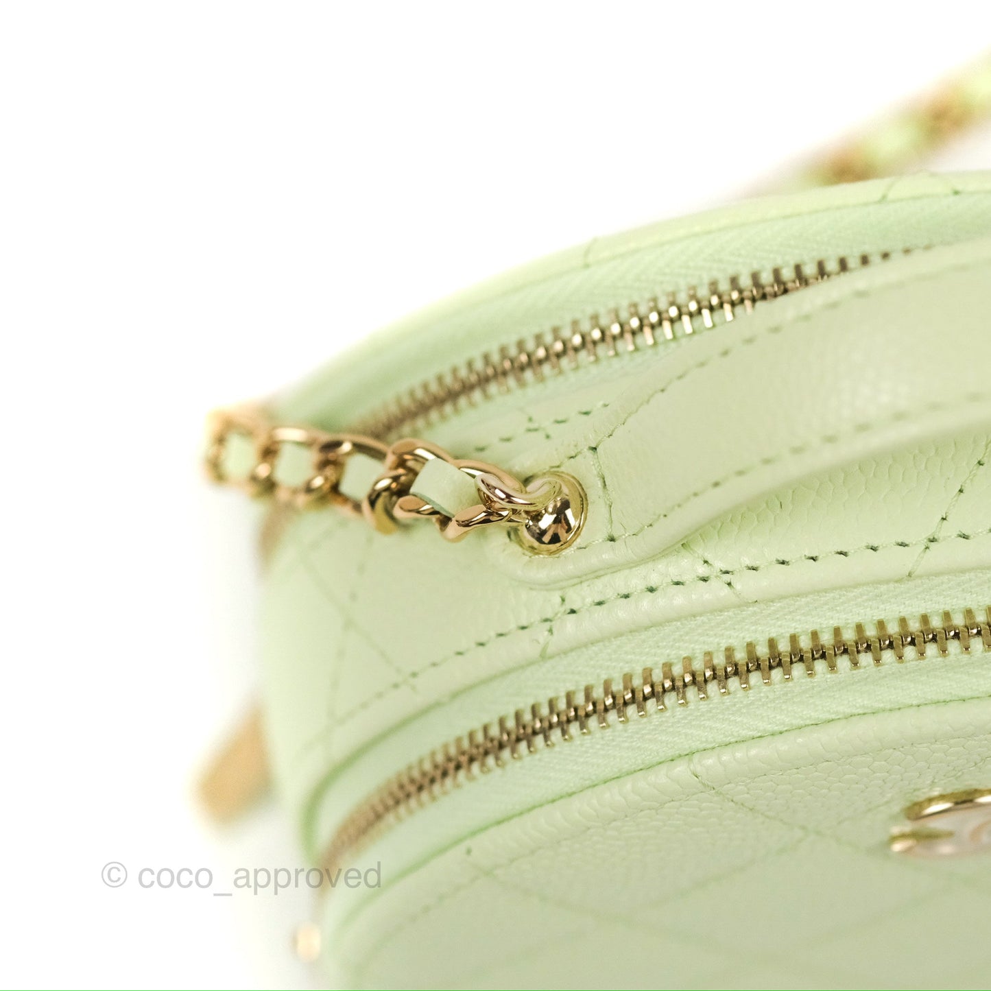 Chanel Mini Round Vanity Bag Handle With Care Light Green Caviar 22C