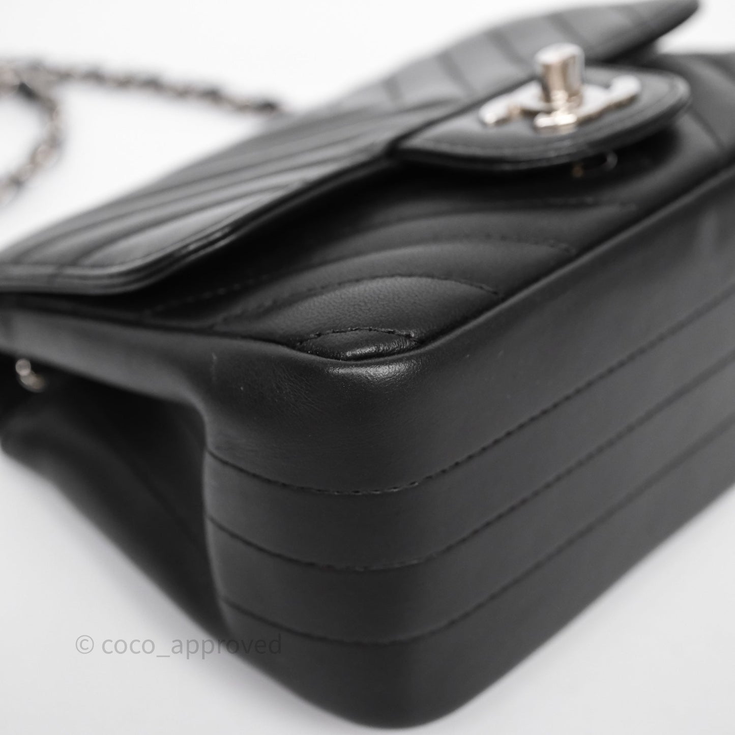 Chanel Mini Square Black Lambskin Chervon Bag Silver Hardware