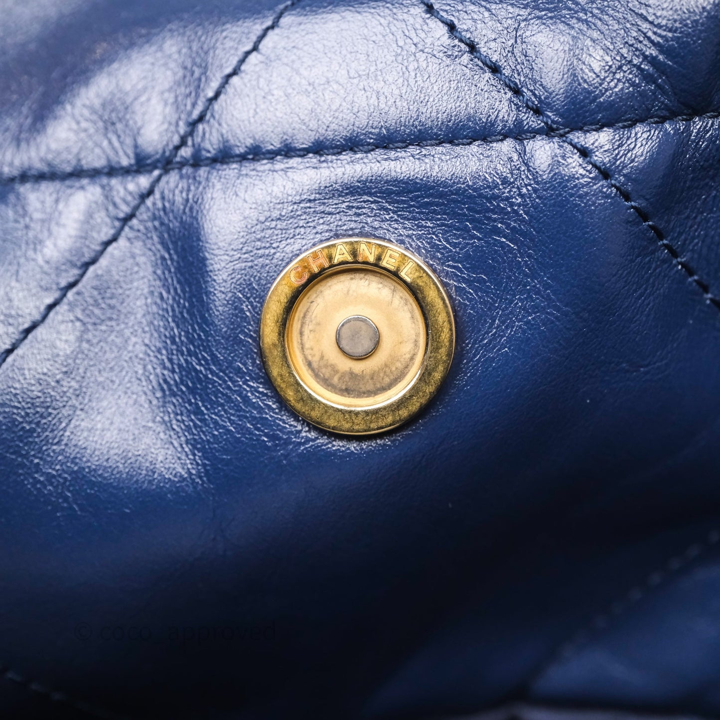 Chanel 22 Small Blue Shiny Calfskin Aged Gold Hardware