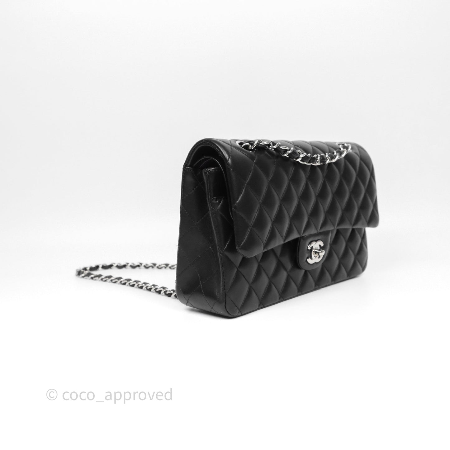 Chanel Classic M/L Medium Flap Quilted Black Lambskin Silver Hardware