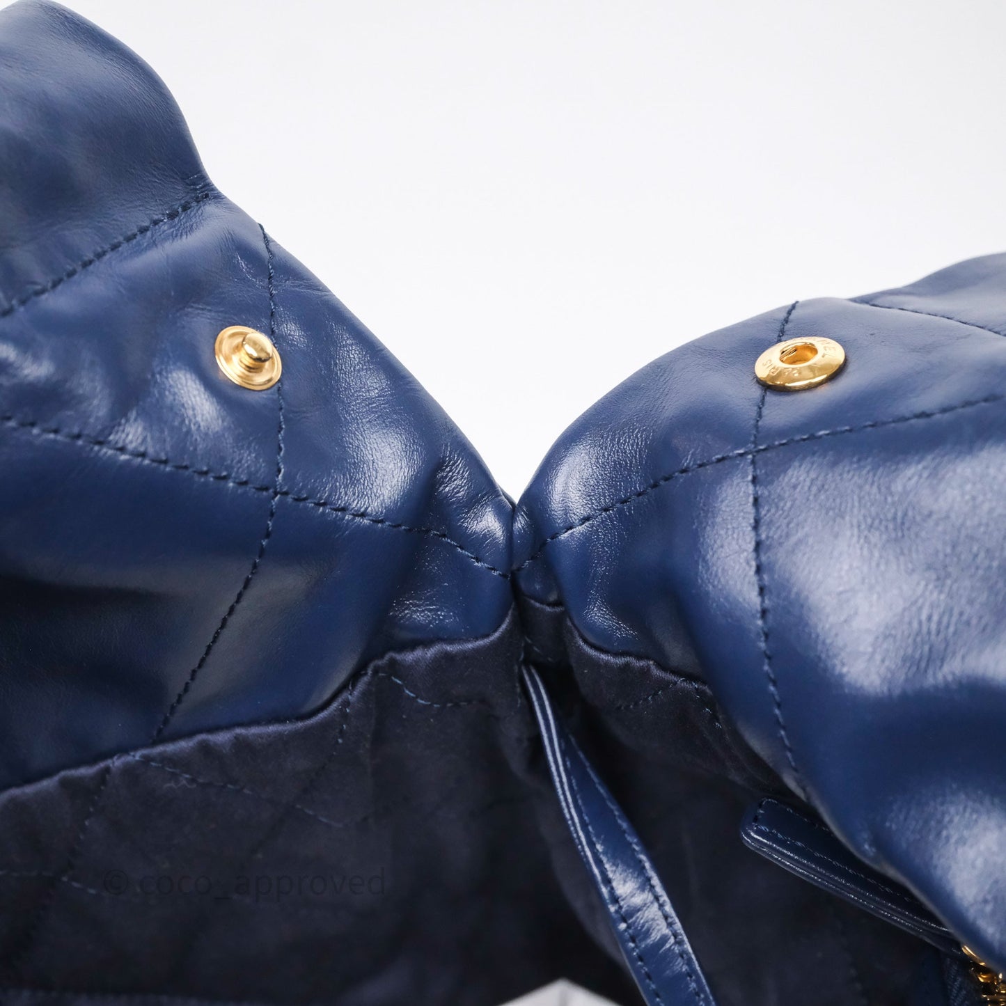 Chanel 22 Small Blue Shiny Calfskin Aged Gold Hardware