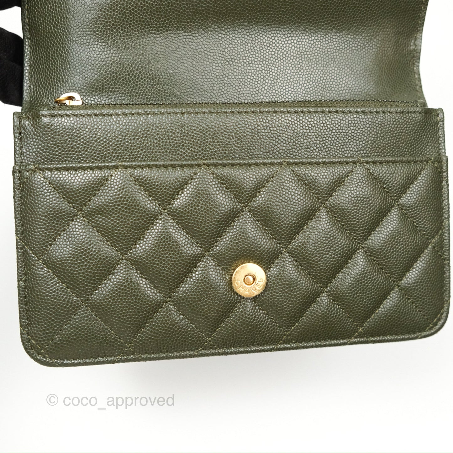 Chanel Coco First Wallet On Chain WOC Dark Olive Green Caviar Gold Hardware 22K