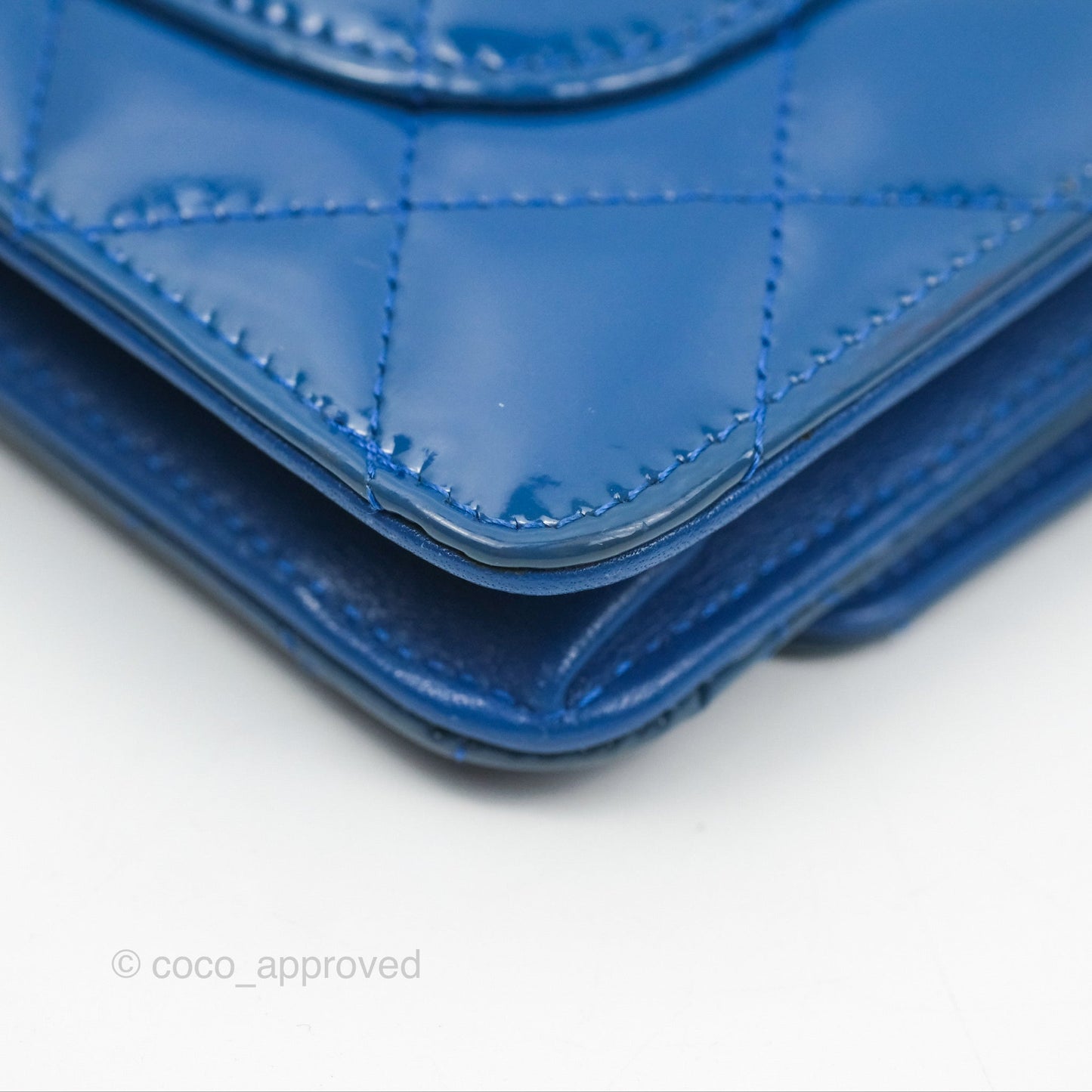Chanel Quilted Classic Wallet on Chain WOC Blue Patent Silver Hardware