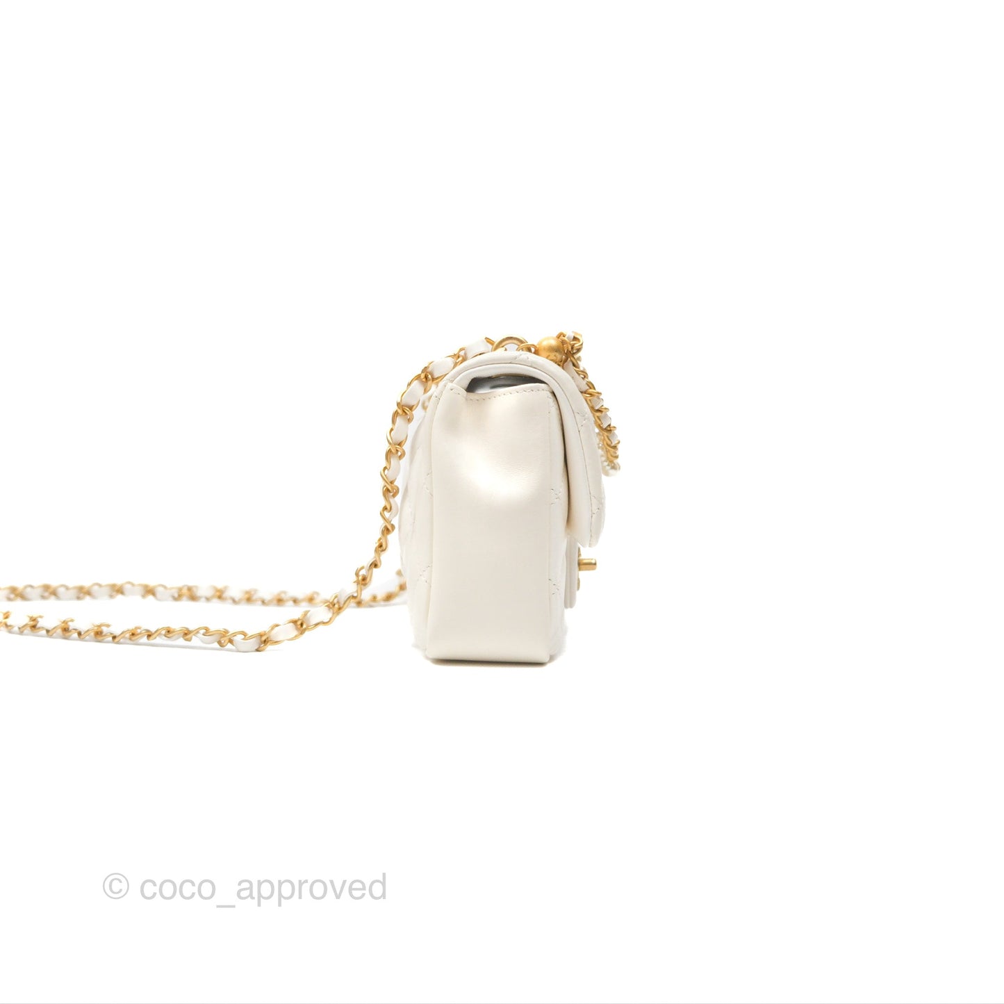 Chanel Pearl Chain Mini Flap Bag White Lambskin Aged Gold Hardware 24P