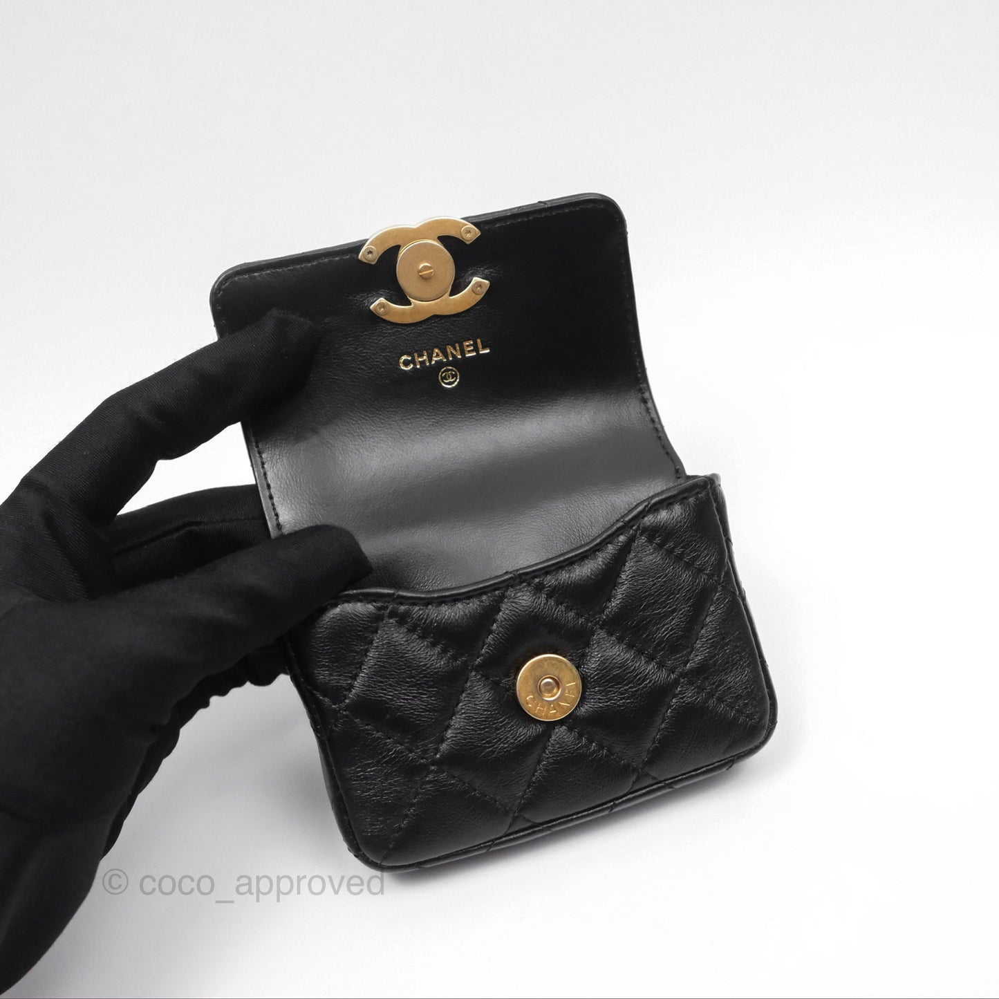 Chanel Mini Card Holder Belt Bag Black Lambskin Aged Gold Hardware