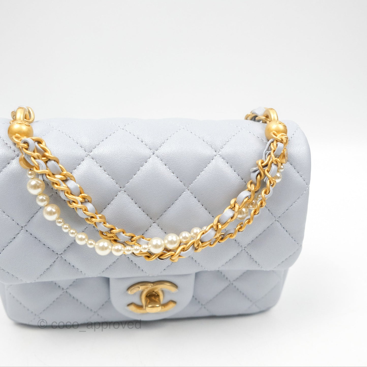 Chanel Mini Flap Bag with Pearl Chain Pearly Light Blue Lambskin Aged Gold Hardware 24P