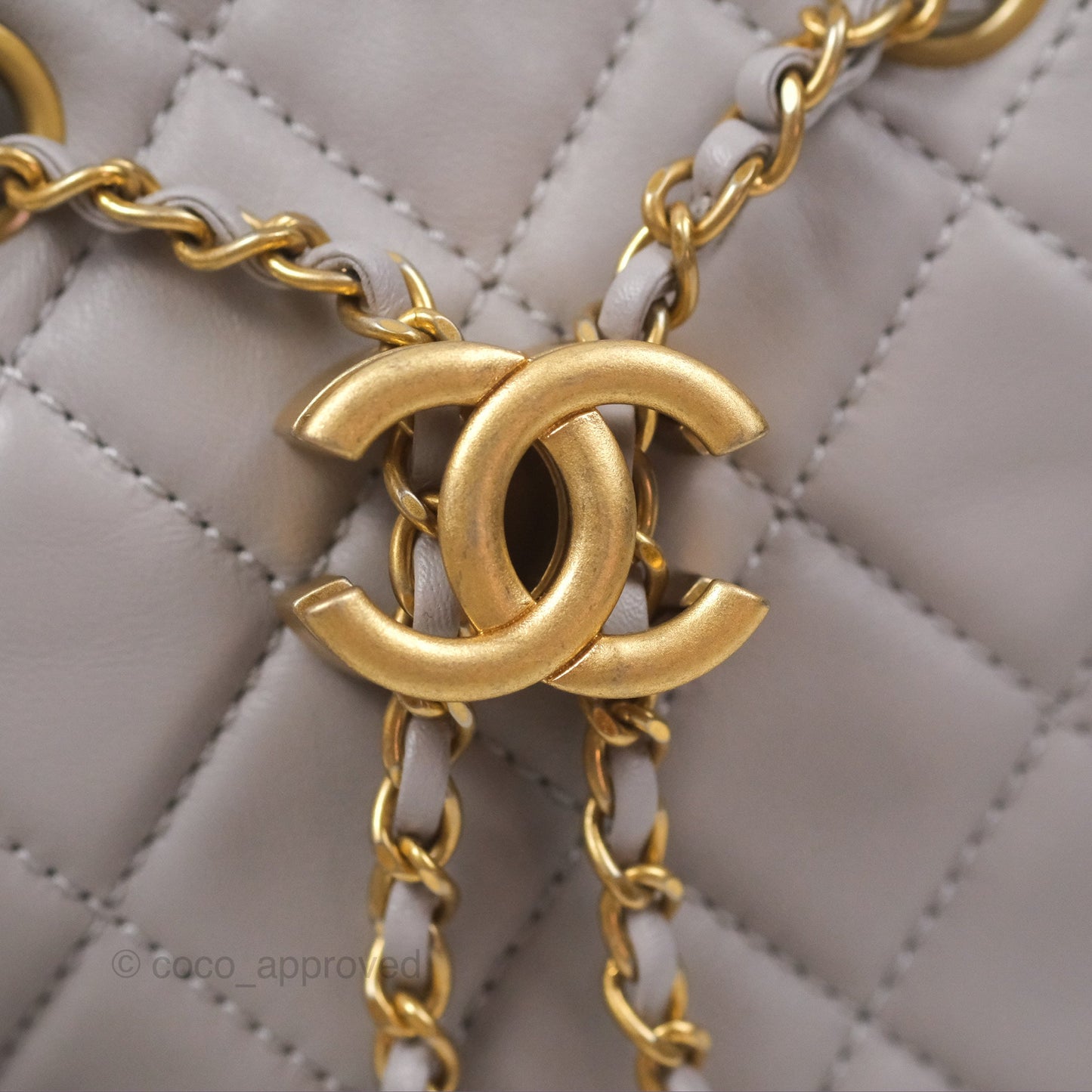 Chanel Pearl Crush Drawstring Bucket Bag Grey Lambskin Aged Gold Hardware