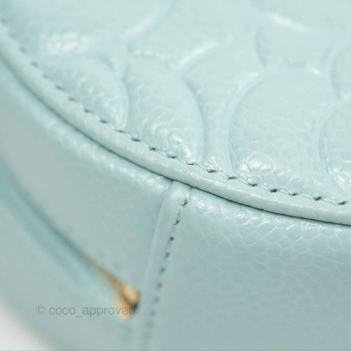 Chanel Camellia Embossed Round Clutch With Chain Light Tiffany Blue Caviar