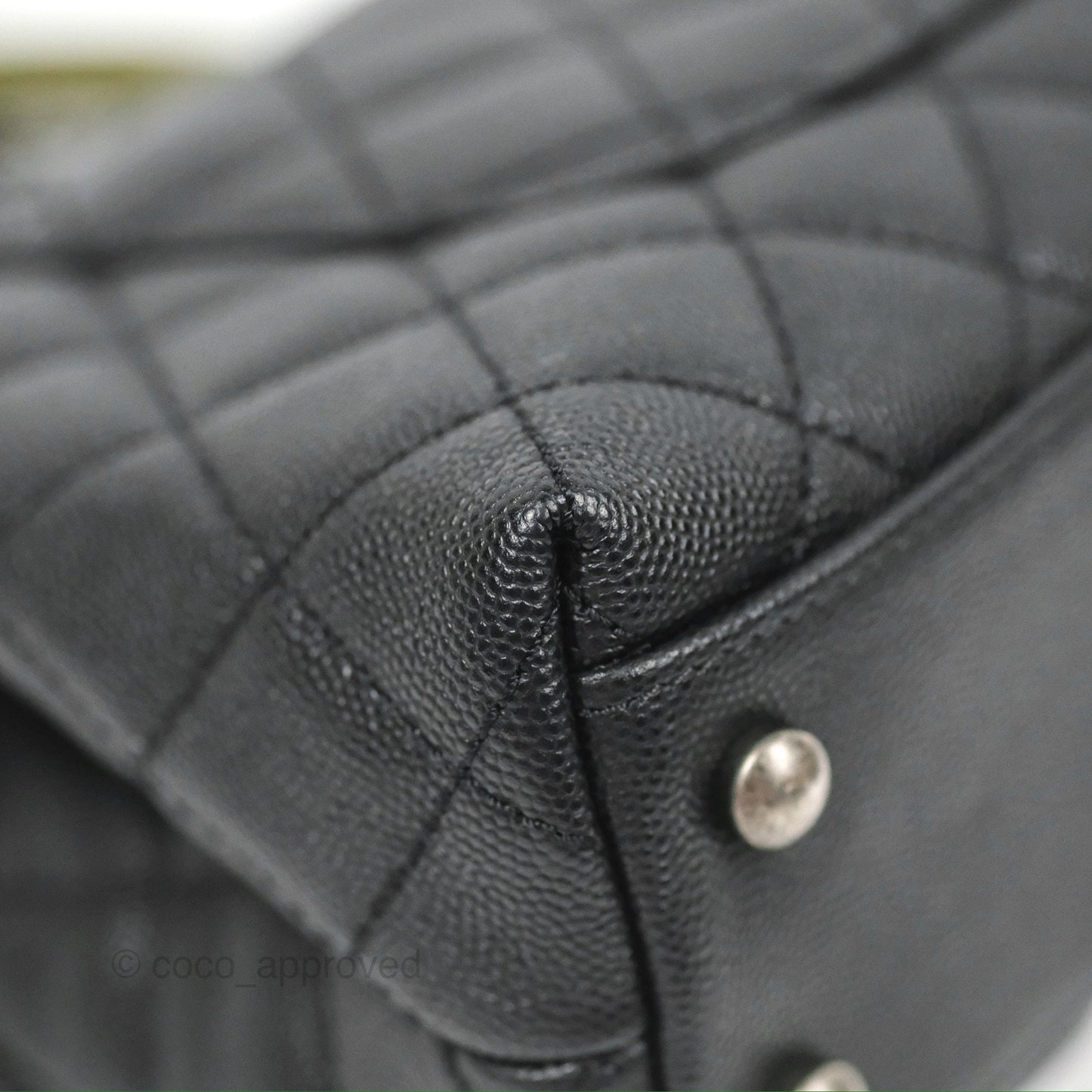 Chanel Small Coco Handle Quilted Black Caviar Ruthenium Hardware Olive Lizard Handle