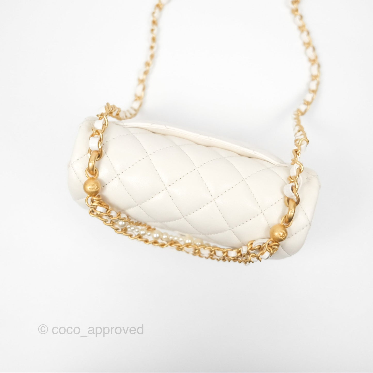 Chanel Pearl Chain Mini Flap Bag White Lambskin Aged Gold Hardware 24P