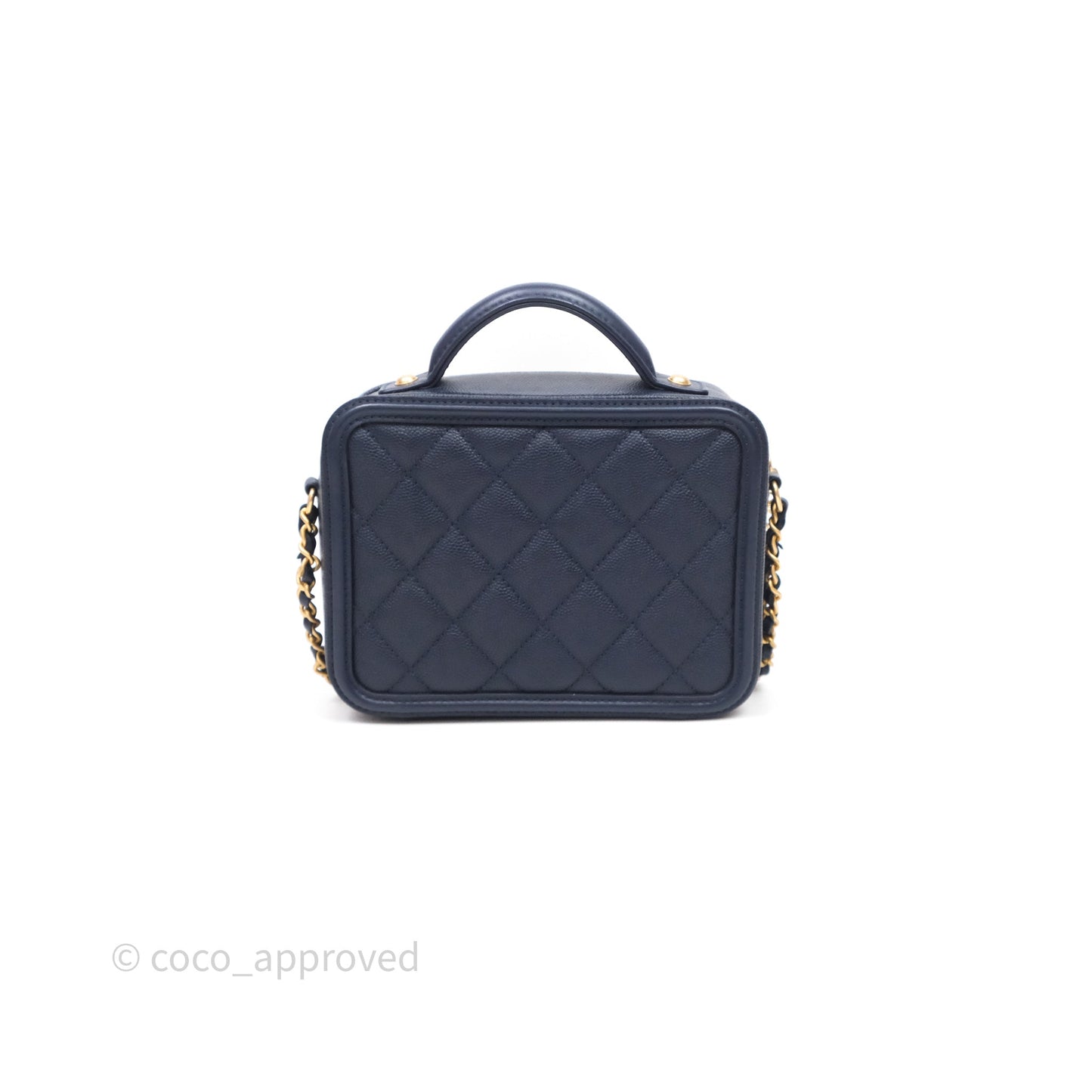 Chanel Quilted Small CC Filigree Vanity Case Navy Caviar Gold Hardware