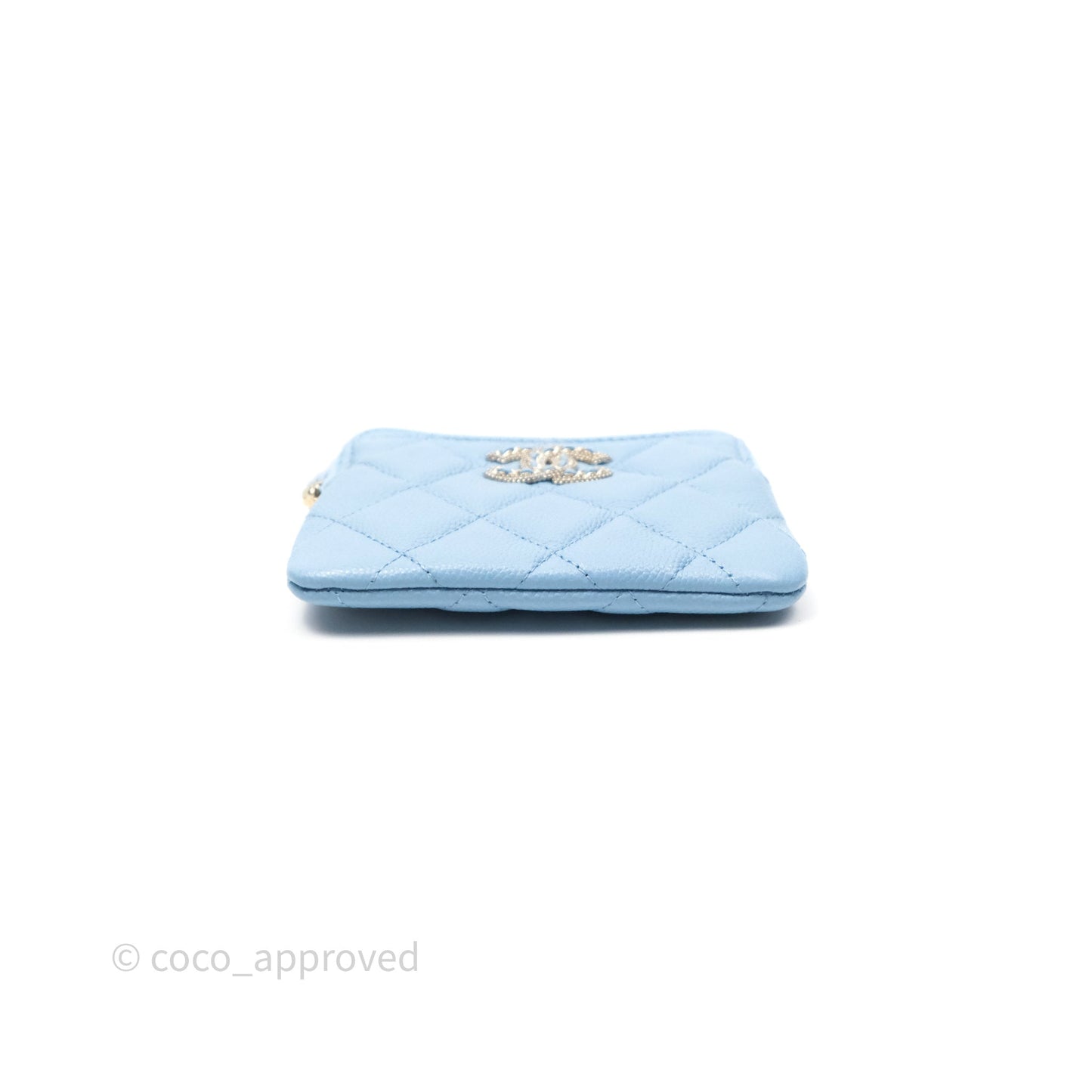 Chanel Quilted Crystal CC Zip Card Holder Wallet Light Blue Caviar Gold Hardware