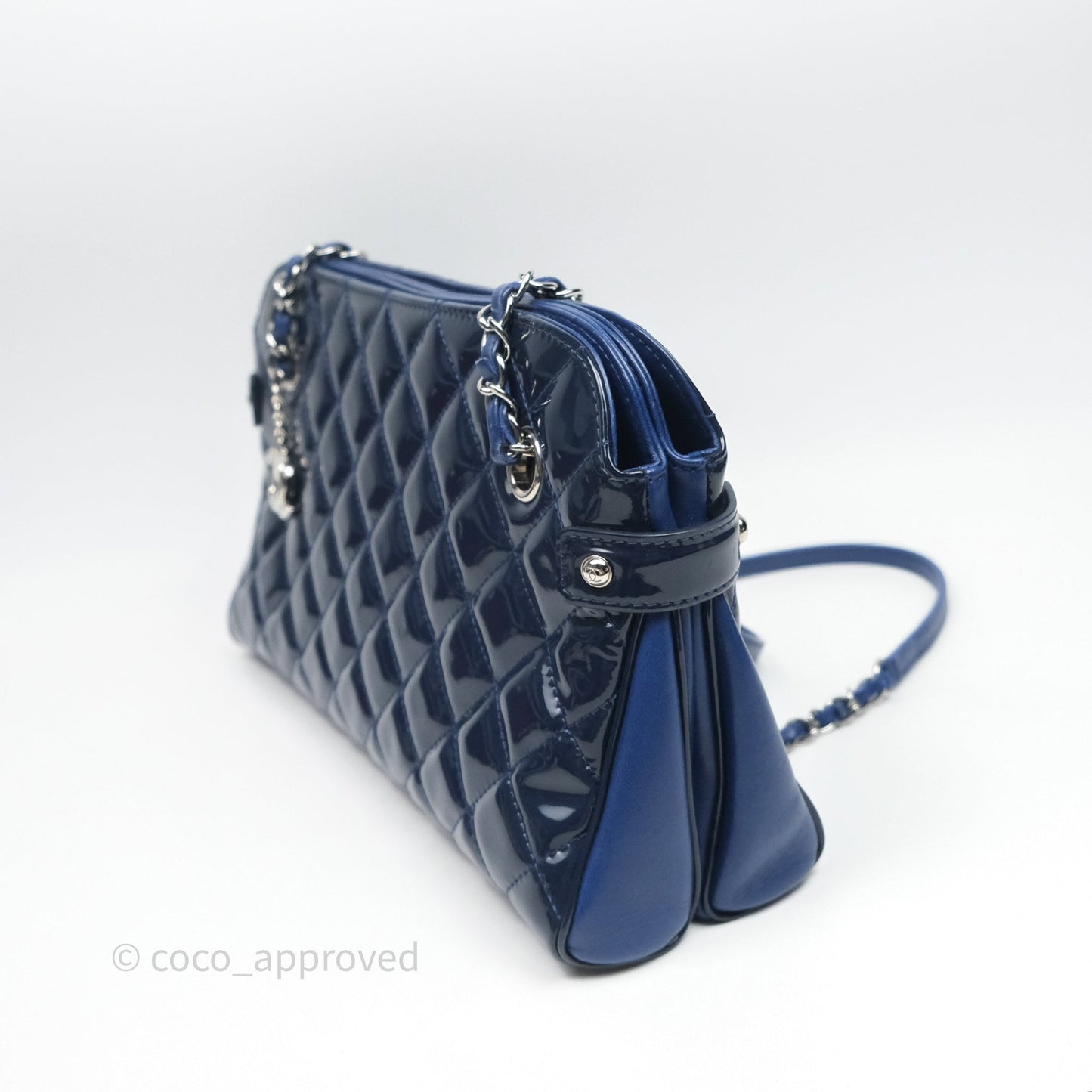 Chanel Quilted Bowling Tote Royal Blue Patent Silver Hardware