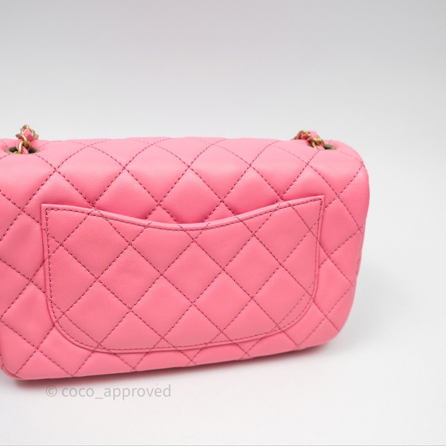 Chanel Mini Rectangular Pearl Crush Quilted Pink Lambskin Aged Gold Hardware