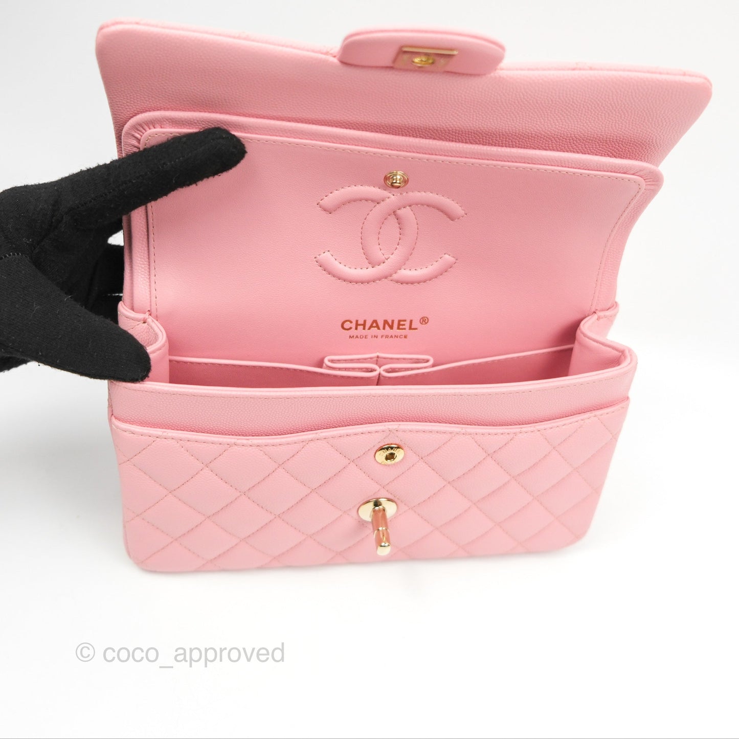 Chanel Small Classic Quilted Flap Sakura Pink Caviar Gold Hardware 22C