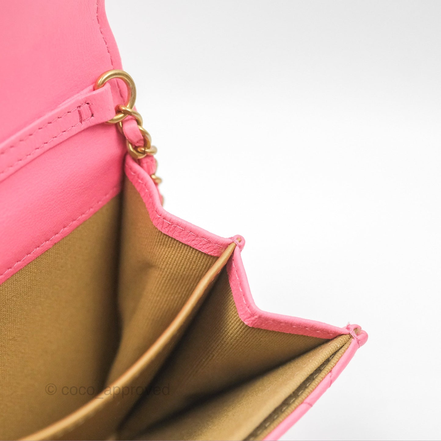 Chanel Pearl Crush Mini Clutch With Chain Pink Lambskin Aged Gold Hardware
