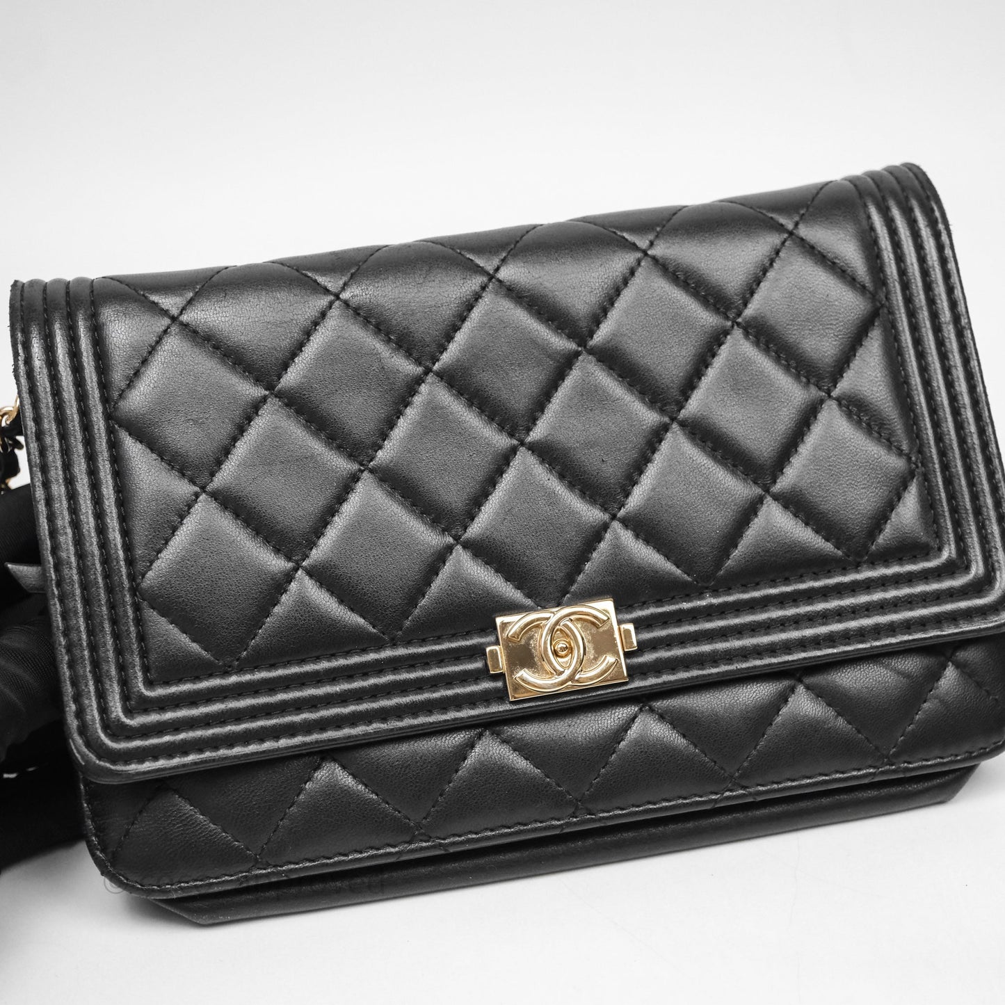 Chanel Black Quilted Lambskin Boy Wallet on Chain Gold Hardware