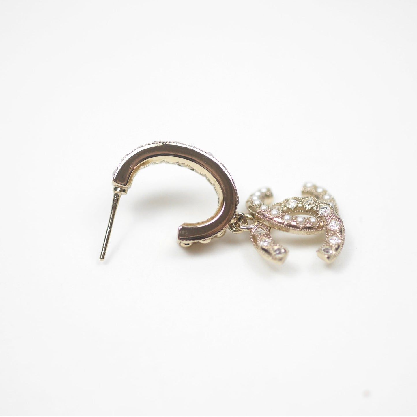 Chanel Crystal Pearl CC Hoop Earrings Gold Tone 21K