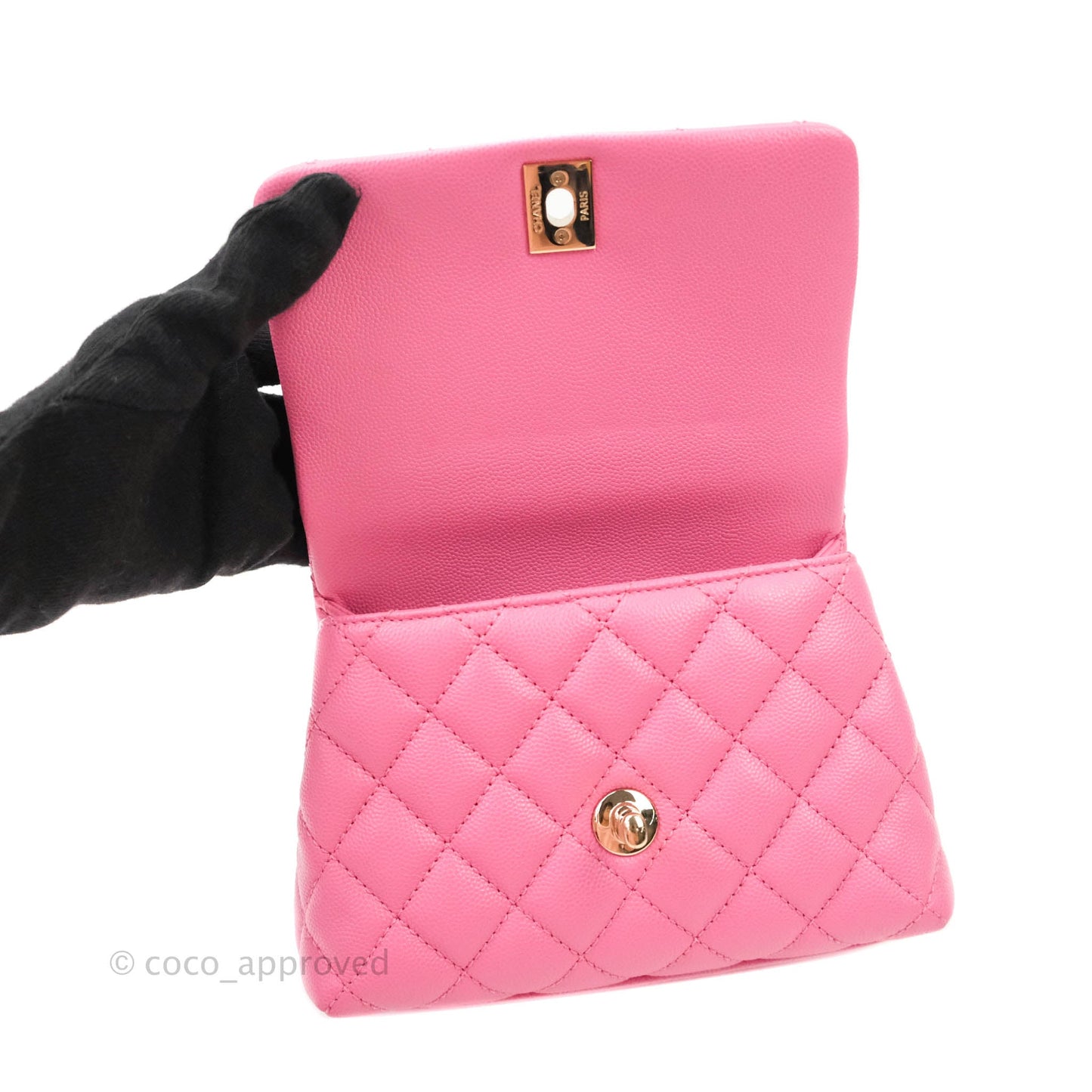 Chanel Extra Mini Coco Handle Quilted Pink Caviar Lizard Embossed Handle Gold Hardware