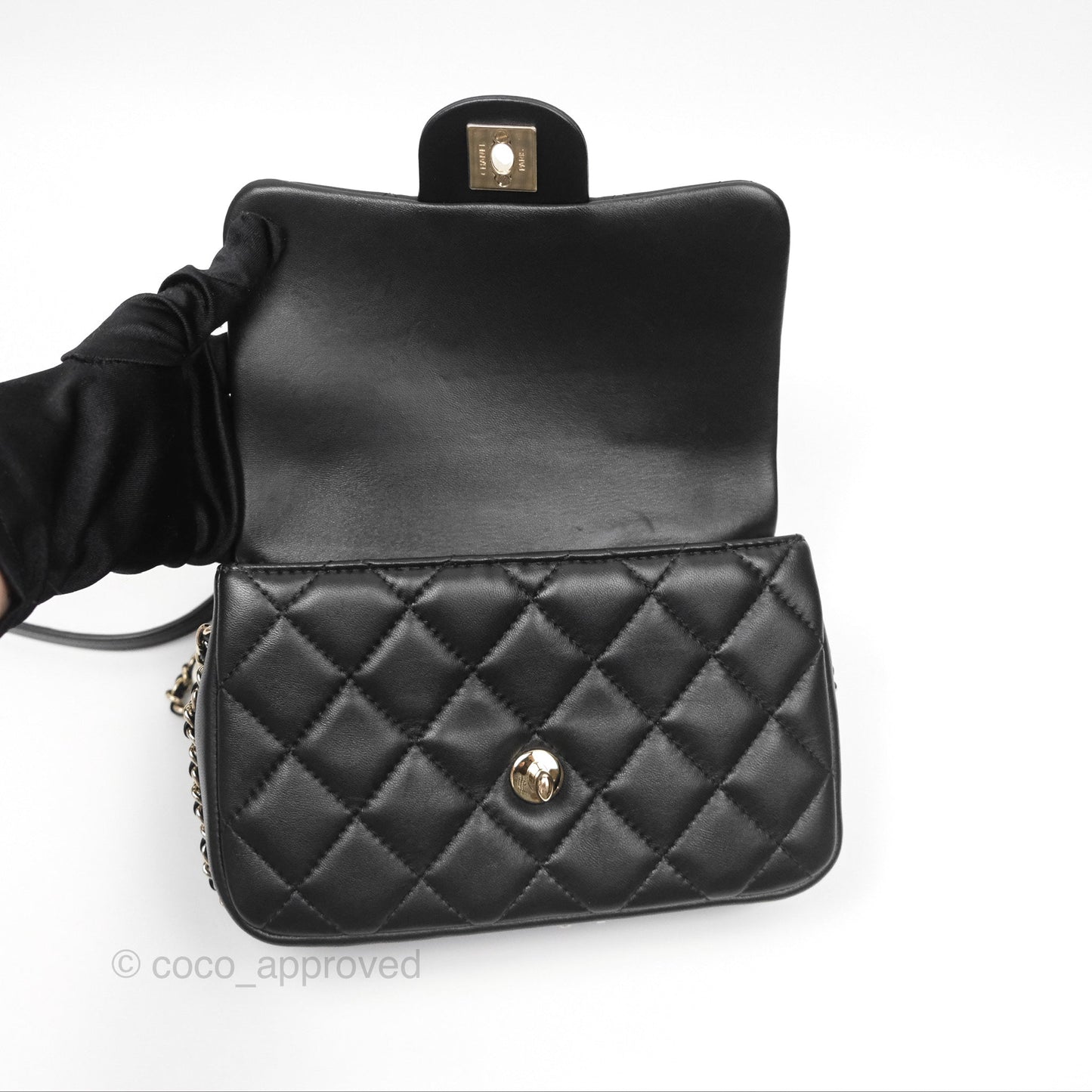 Chanel Logo Pearl Chain Flap Bag Black Lambskin Gold Hardware