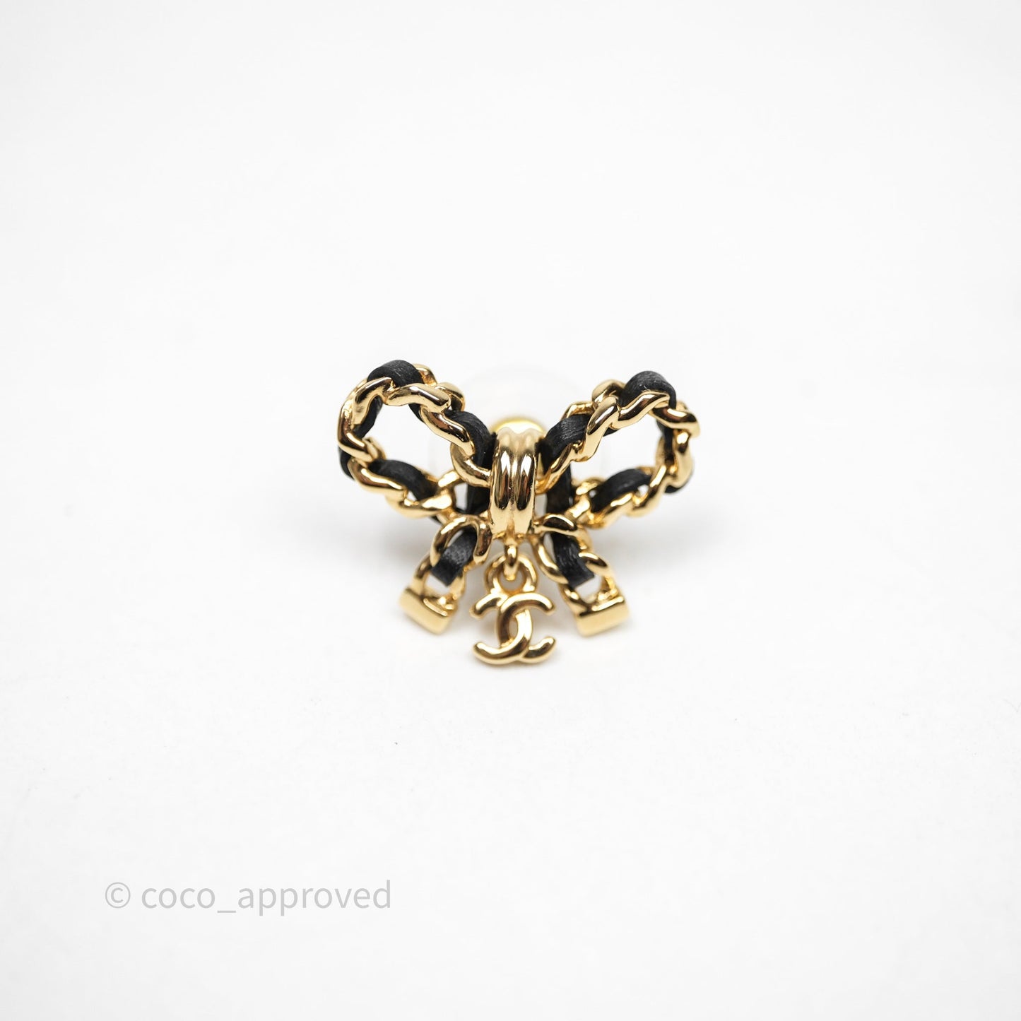 Chanel Lambskin Chain Bow Stud Earrings Black Gold Tone 24V