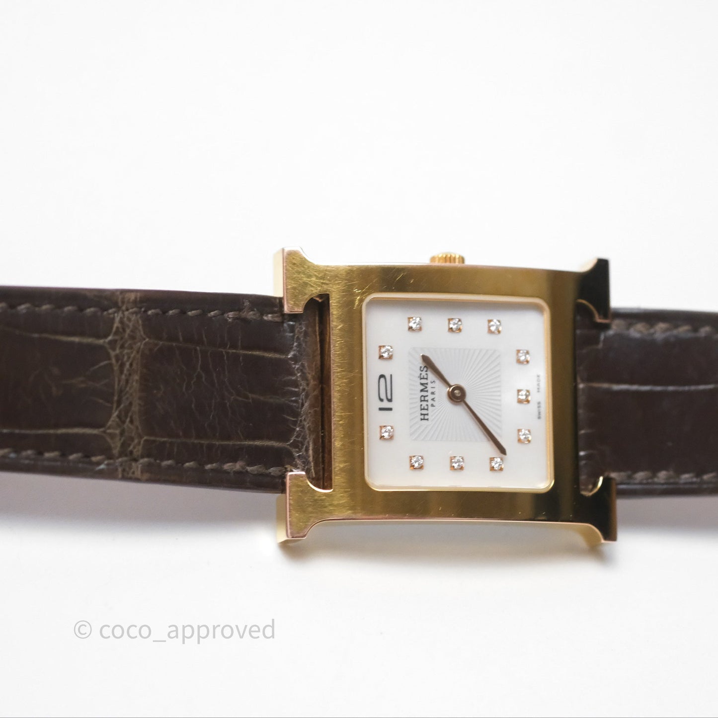 Hermès Heure H MM Watch Barenia Noir Alligator Gold Hardware