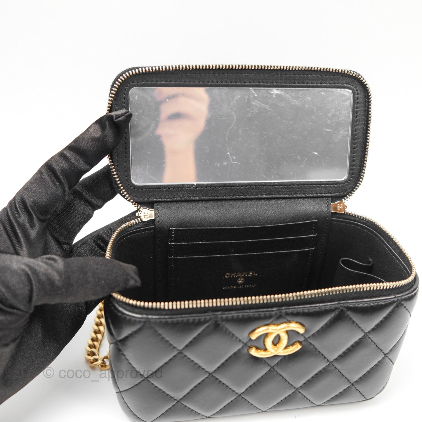 Chanel Vanity with Adjustable Chain Black Lambskin Aged Gold Hardware