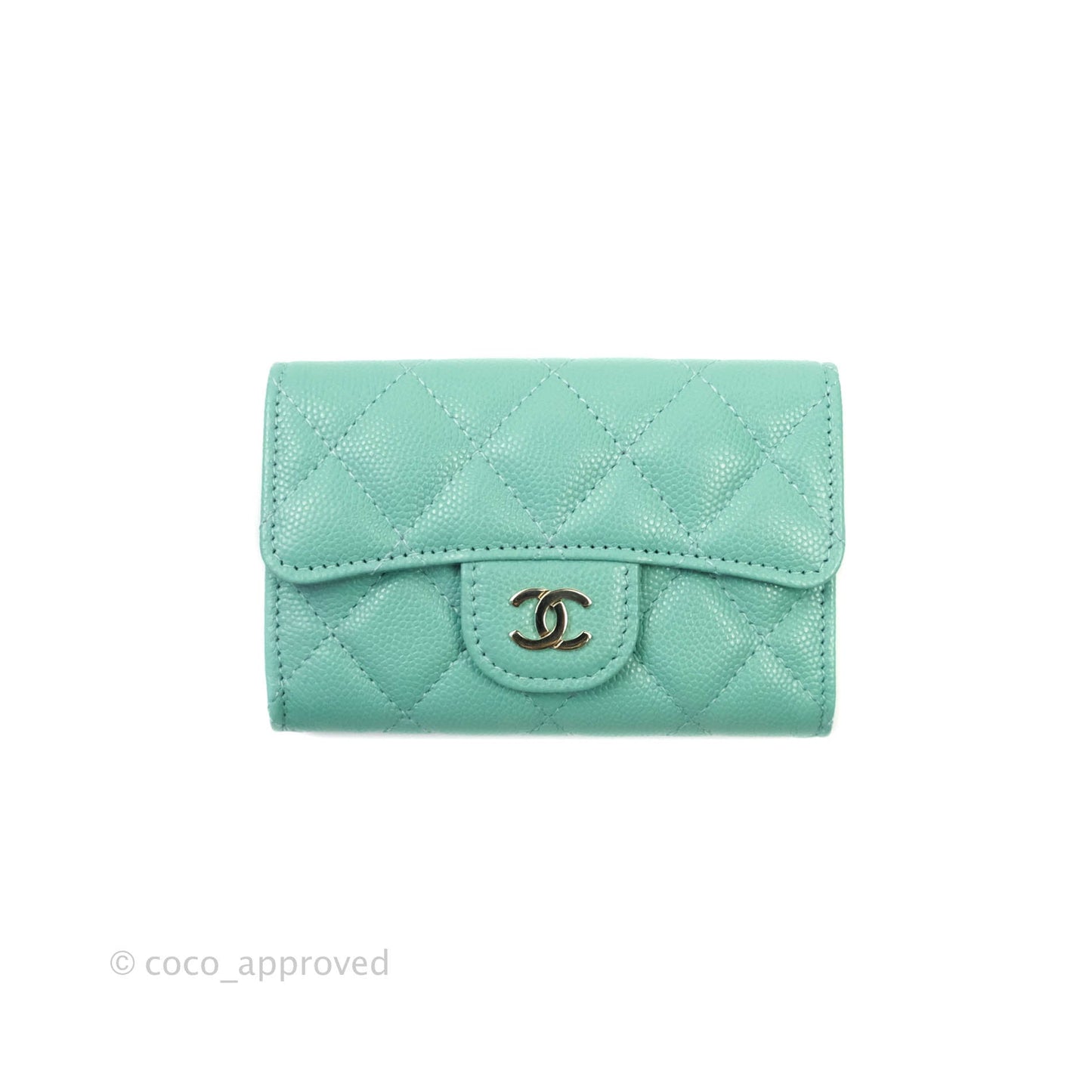 Chanel Quilted Flap Card Holder Caviar Mint Gold Hardware