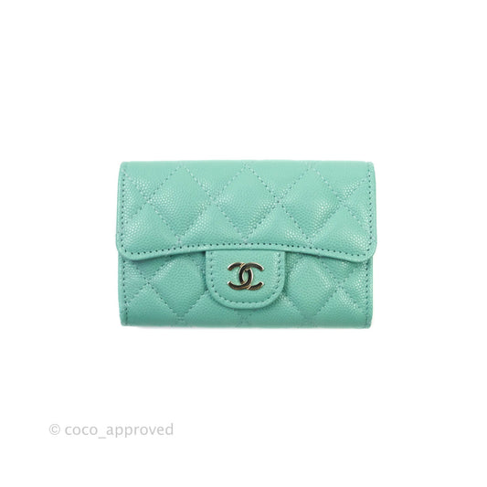 Chanel Quilted Flap Card Holder Caviar Mint Gold Hardware