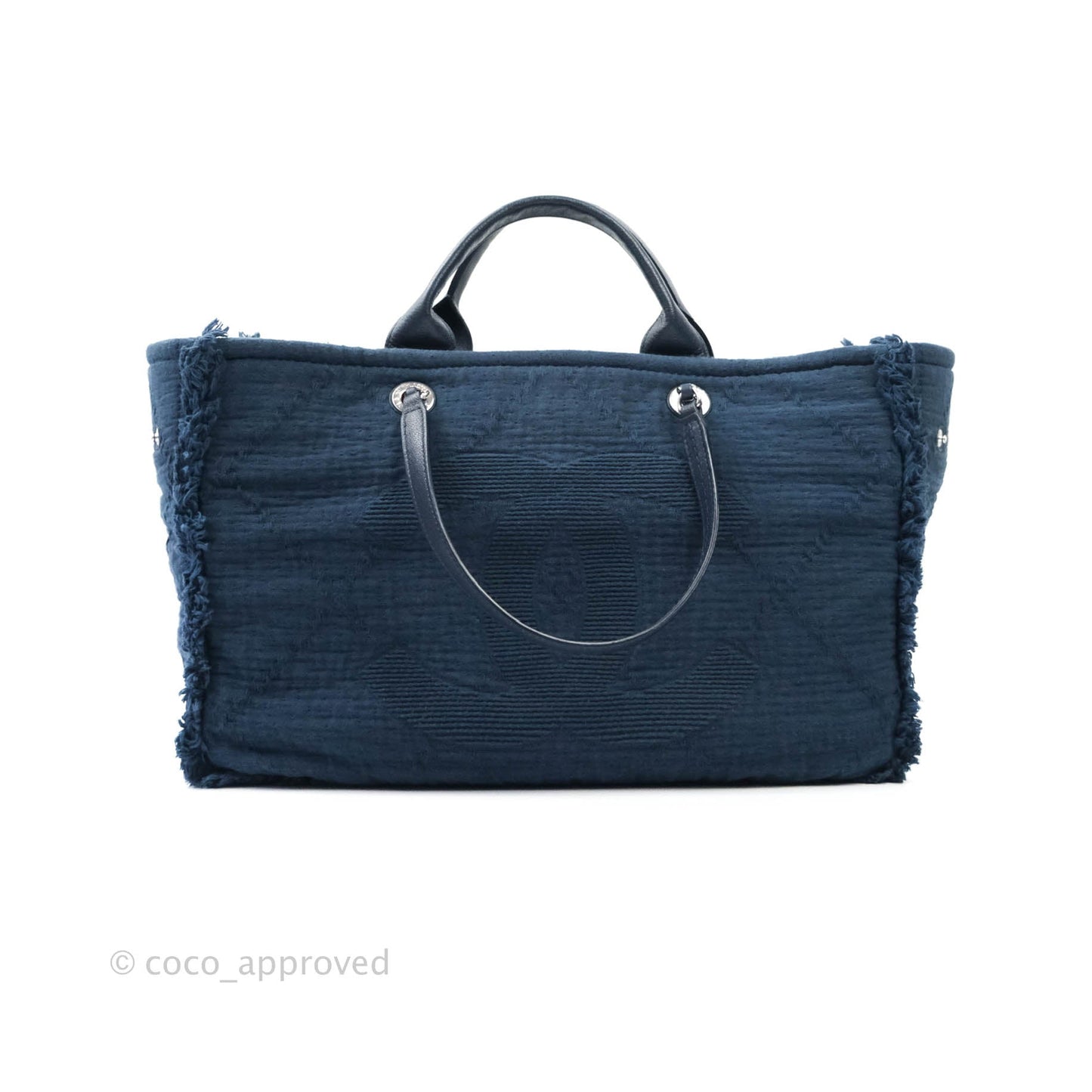 Chanel Large Fabric Navy Blue Shopping Bag Silver Hardware