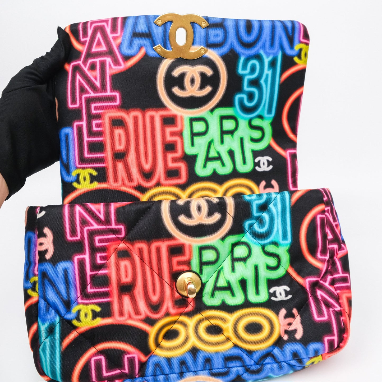 Chanel 19 Small Black Multicolor Fabric Printed Mixed Hardware