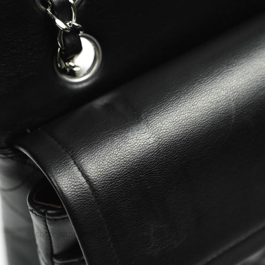 Chanel Classic M/L Medium Double Flap Black Lambskin Silver Hardware