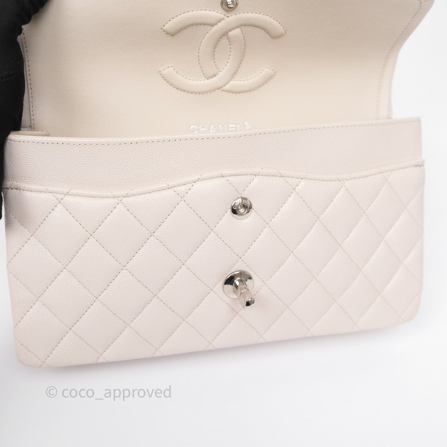 Chanel Classic M/L Medium Flap Quilted Stone Ivory Caviar Silver Hardware