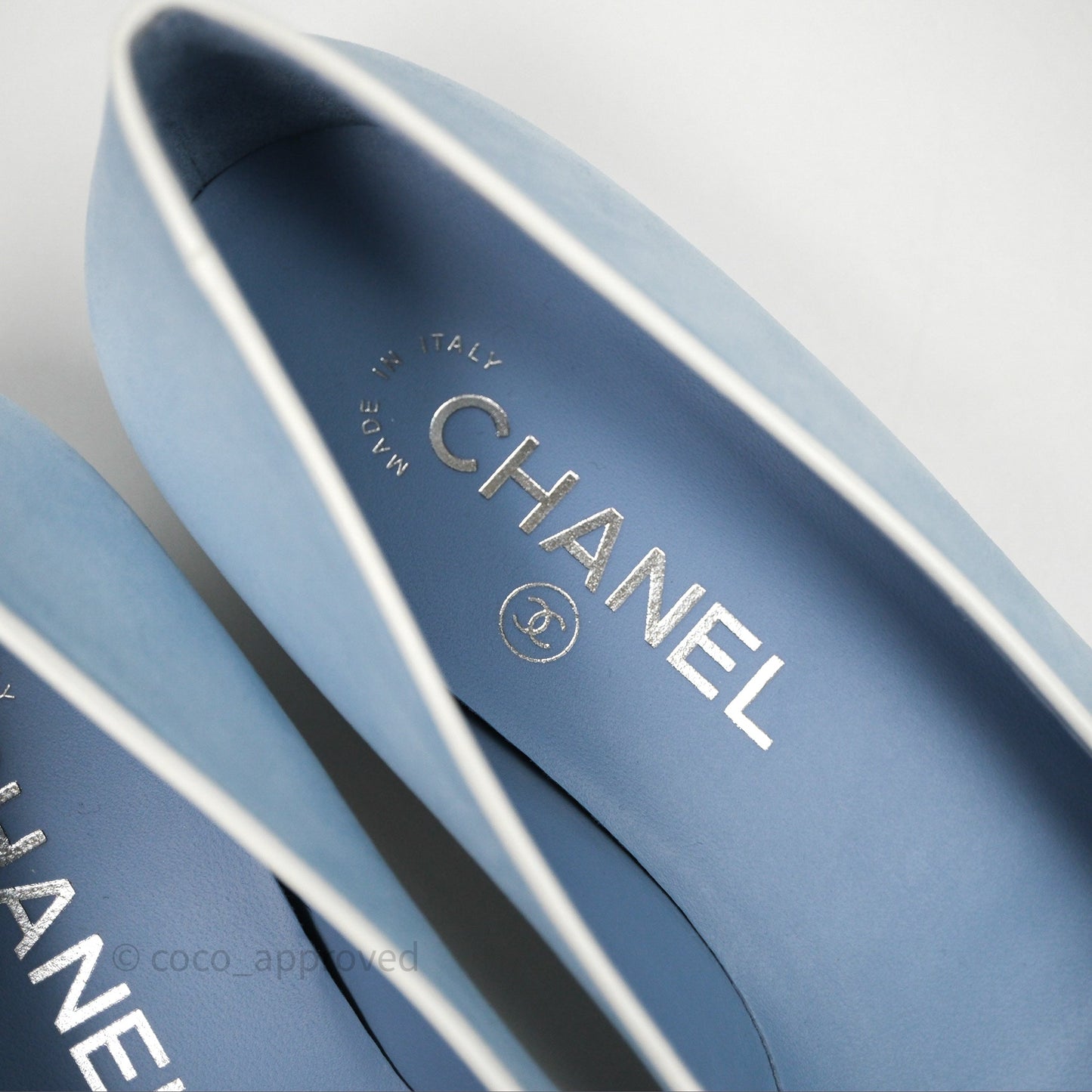 Chanel White Toe Pointed Light Blue Ballerinas With Chain Size 37