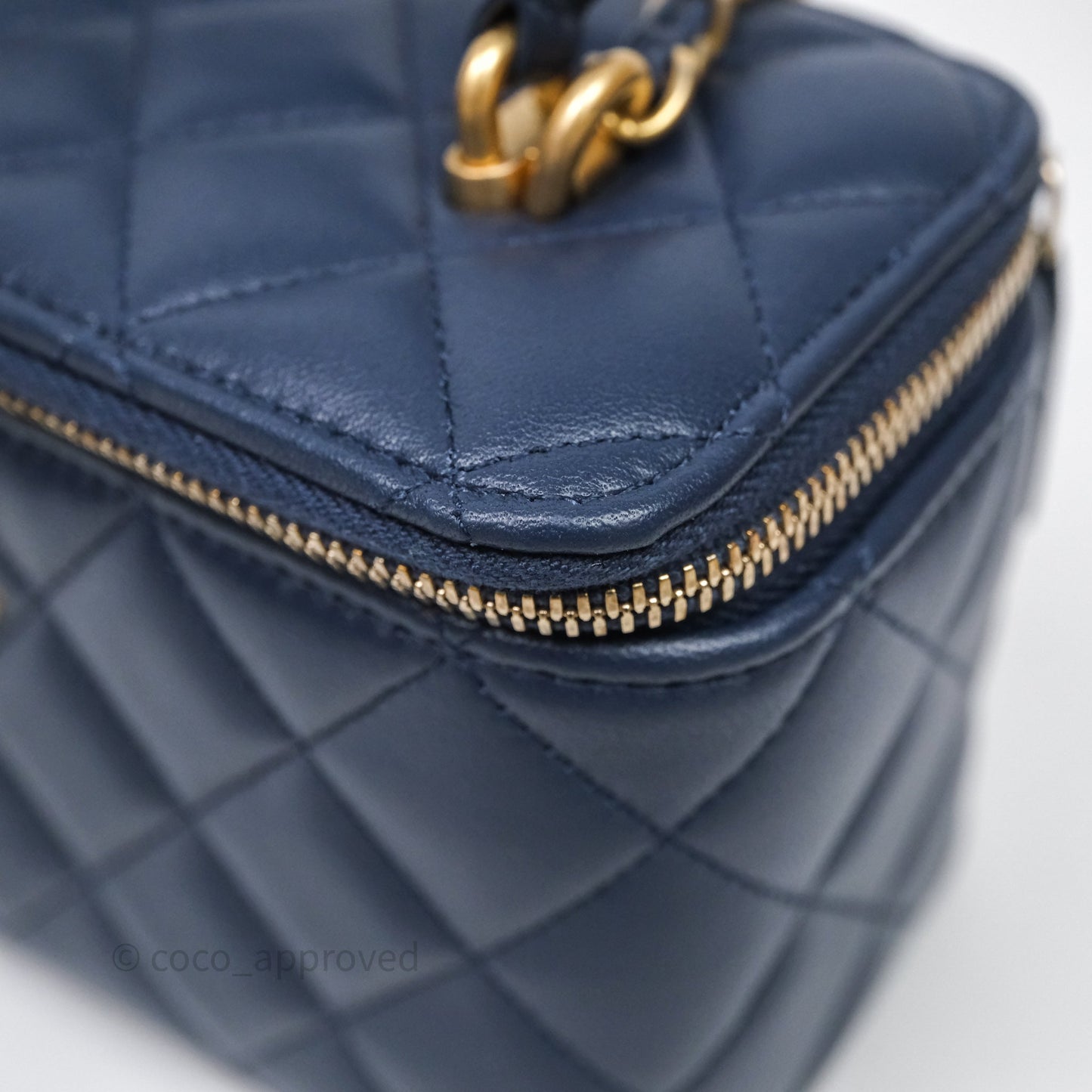 Chanel Vanity Rectangular Metal Top Handle Navy Lambskin Aged Gold Hardware