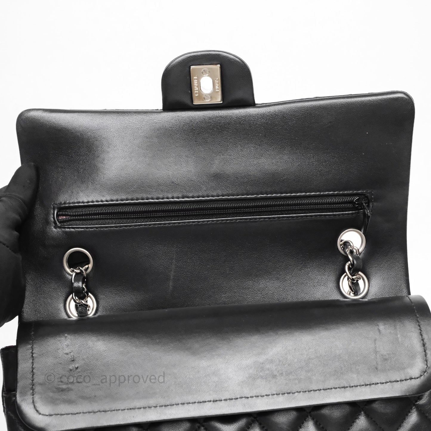 Chanel Classic M/L Medium Flap Quilted Black Lambskin Silver Hardware