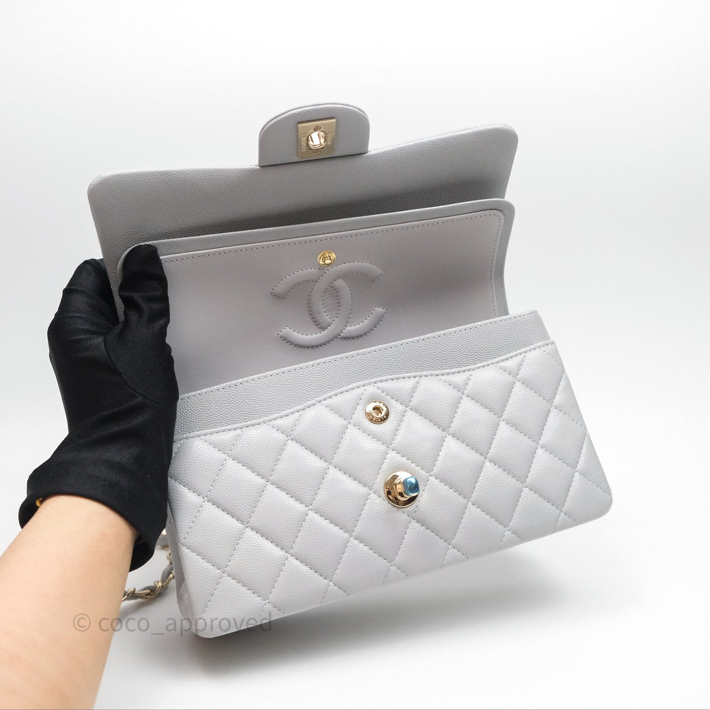 Chanel Small Classic Flap Quilted Grey Caviar Gold Hardware 21A