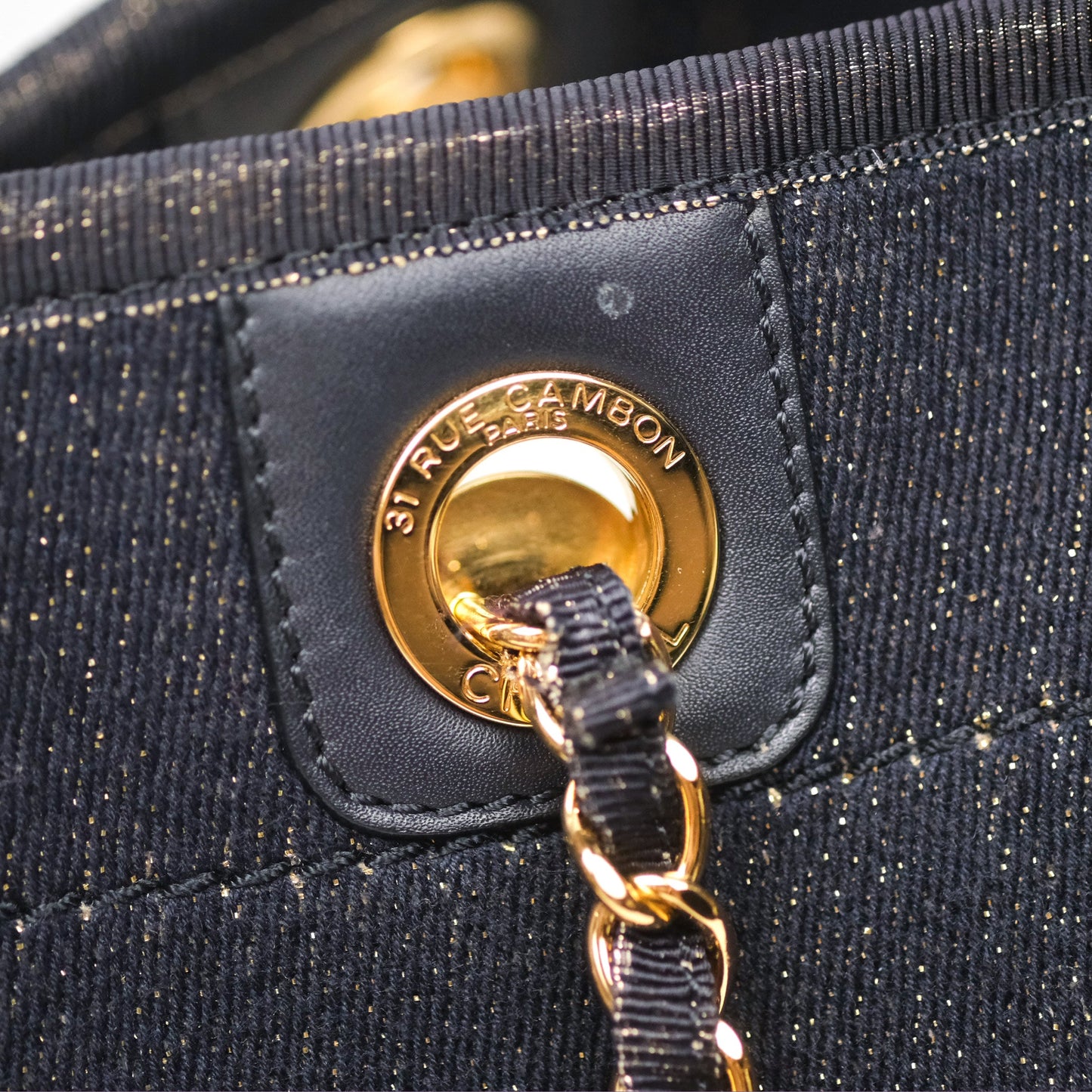 Chanel Medium Deauville Tote Navy Glitter Canvas Gold Hardware
