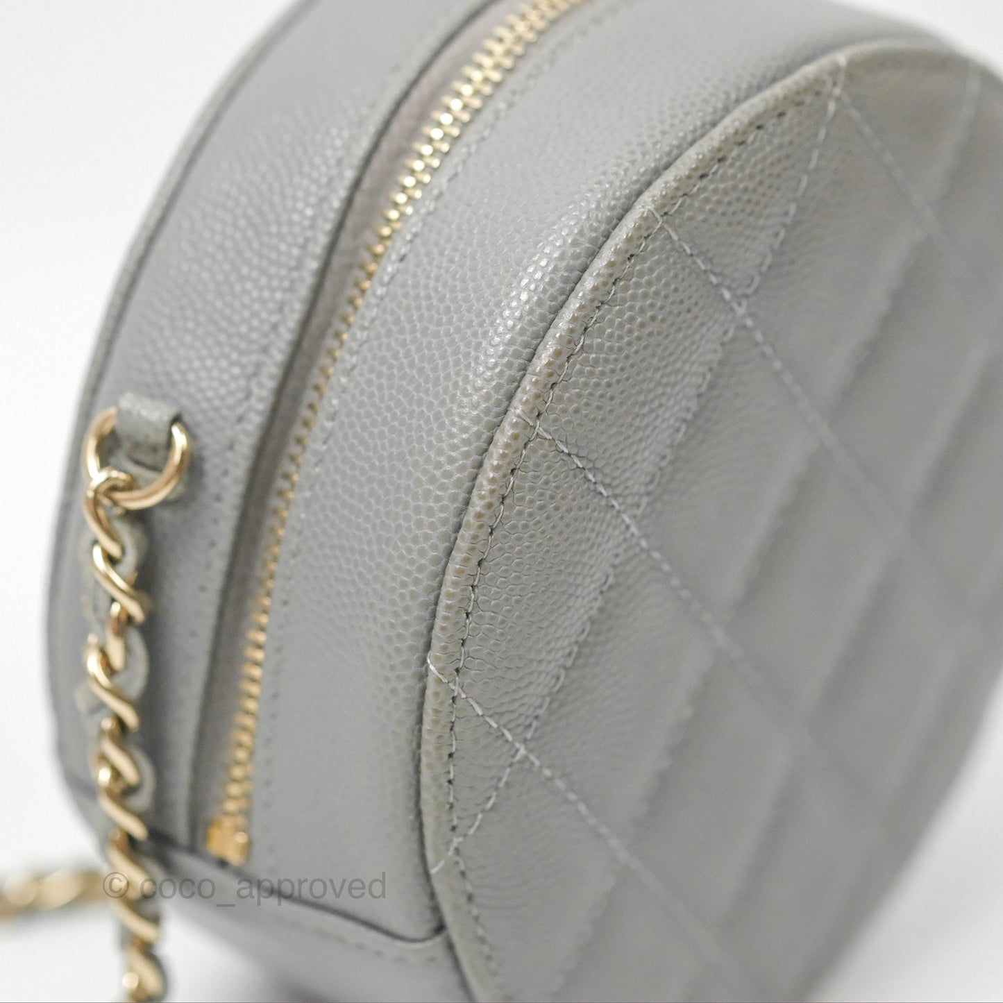 Chanel Classic Quilted Round Clutch With Chain Grey Caviar Gold Hardware